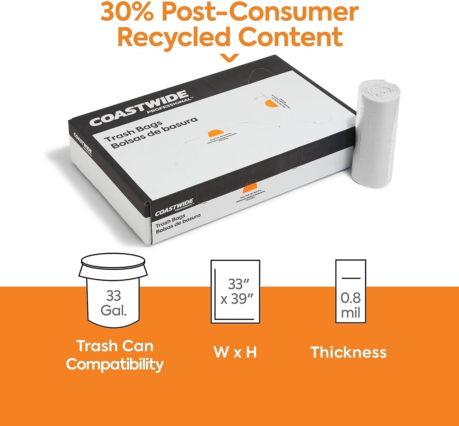image:imageCoastwide Professional 33 Gallon Trash Bag with 30 PCR 33 x 39 Low Density 08 mil Clear 200 BagsBox