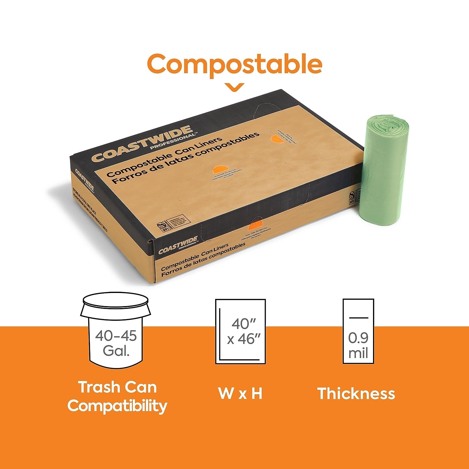 image:imageCoastwide Professional 4045 Gallon Compostable Bag 40 x 46 Low Density 09 Mil Green 100 BagsBox