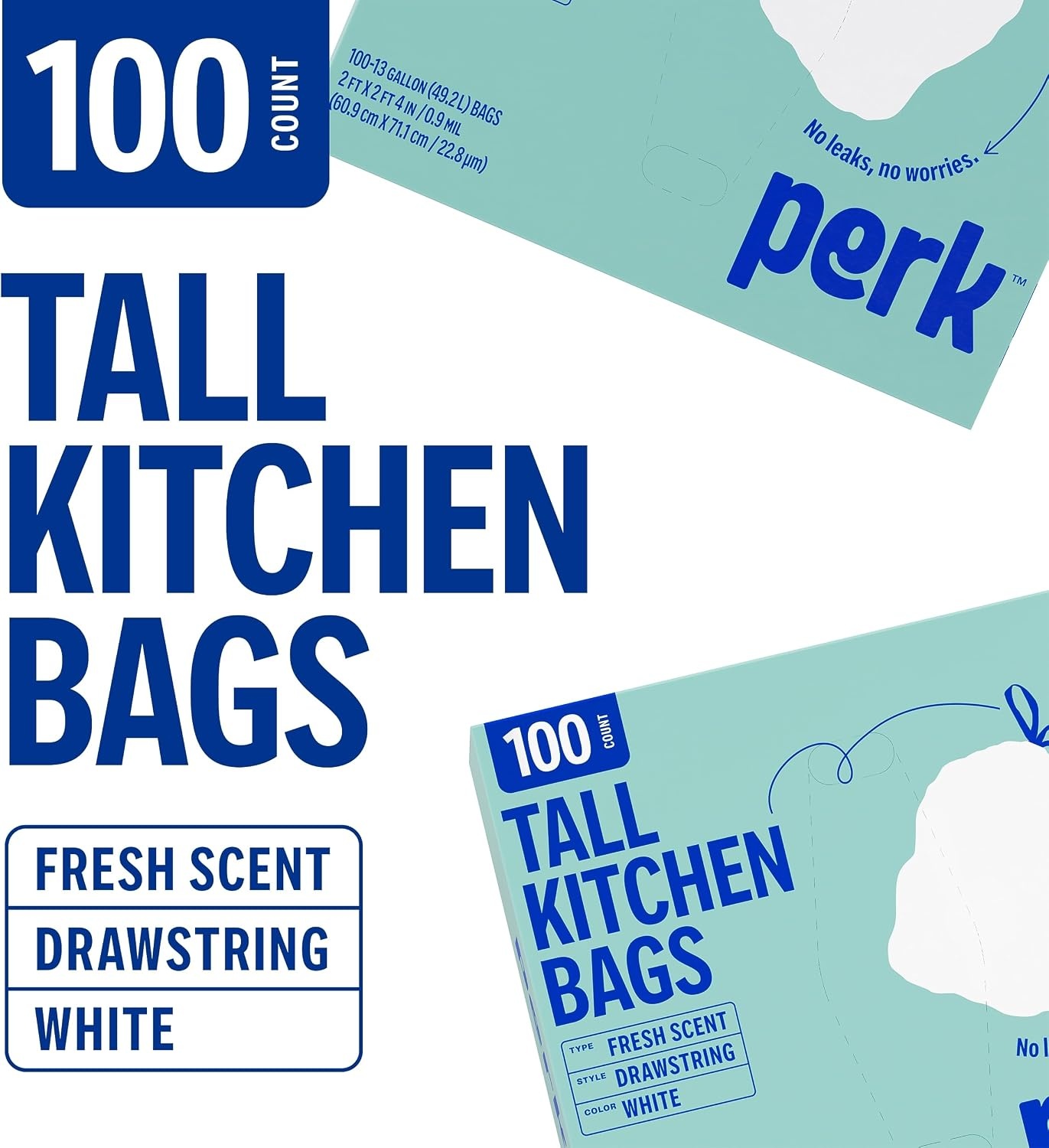 image:imagePERK Kitchen White Trash Bags 13 Gallon Garbage Can Liners Drawstring Closure Great for Home Office Classroom 100Pack100 Pack