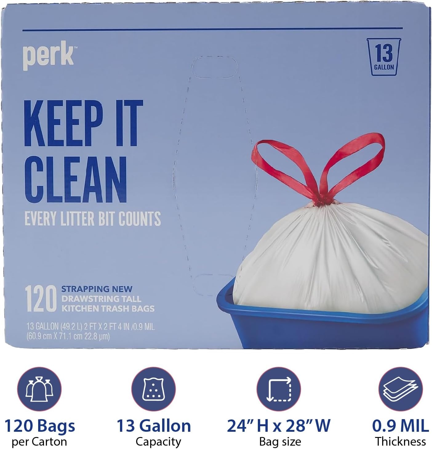 image:imagePERK Kitchen White Trash Bags 13 Gallon Garbage Can Liners Drawstring Closure Great for Home Office Classroom 100Pack120 Pack