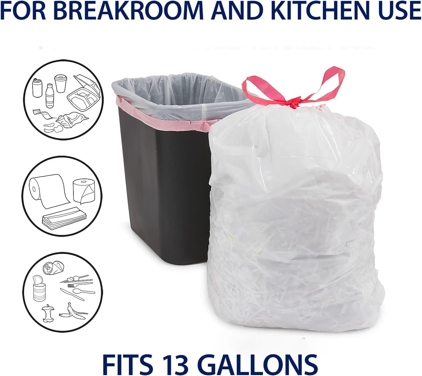 image:imagePERK Kitchen White Trash Bags 13 Gallon Garbage Can Liners Drawstring Closure Great for Home Office Classroom 100Pack120 Pack