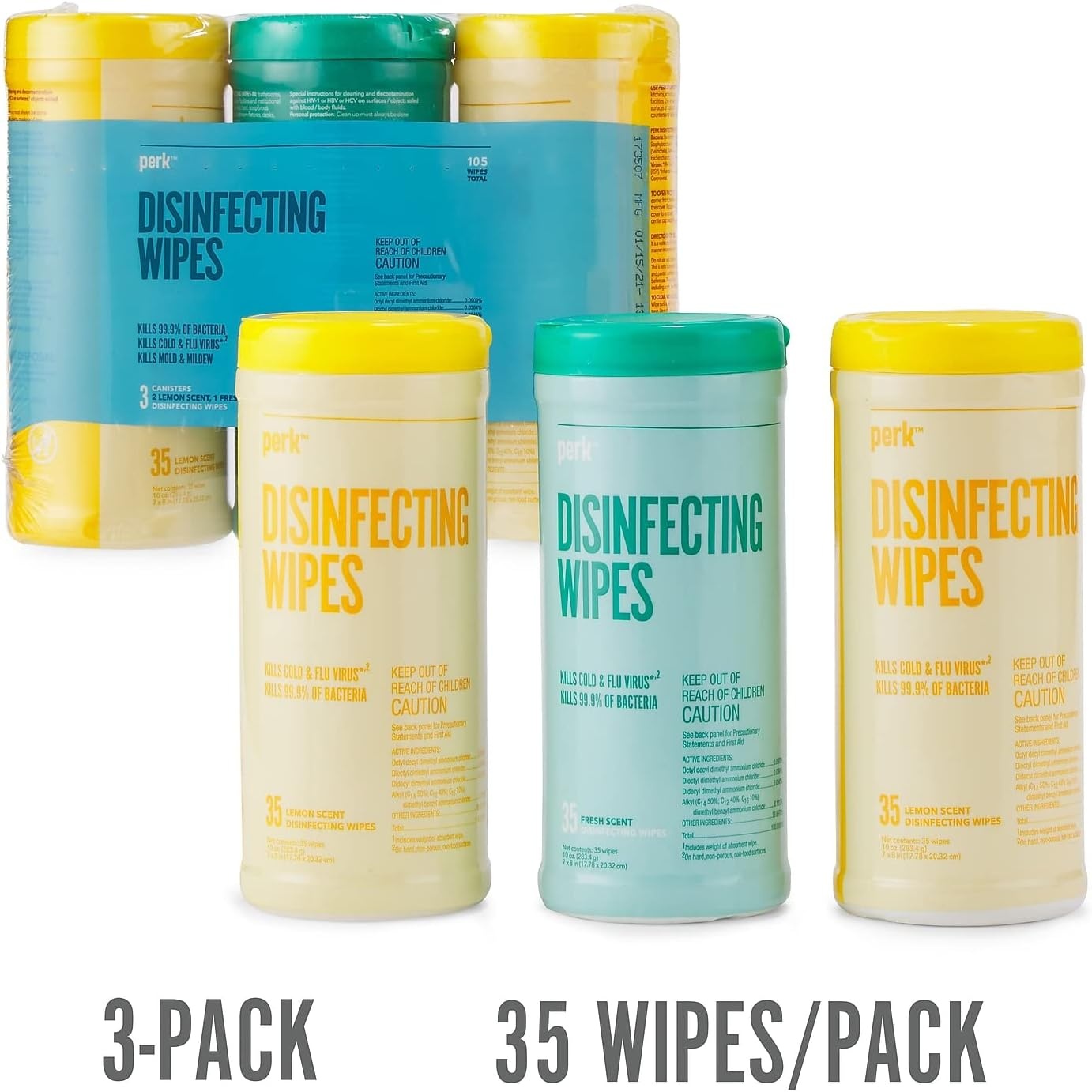 image:imagePerk Disinfecting MultiSurface Cleaning Wipes Lemon amp Fresh Scent 35Count Each Pack of 6 Total 210