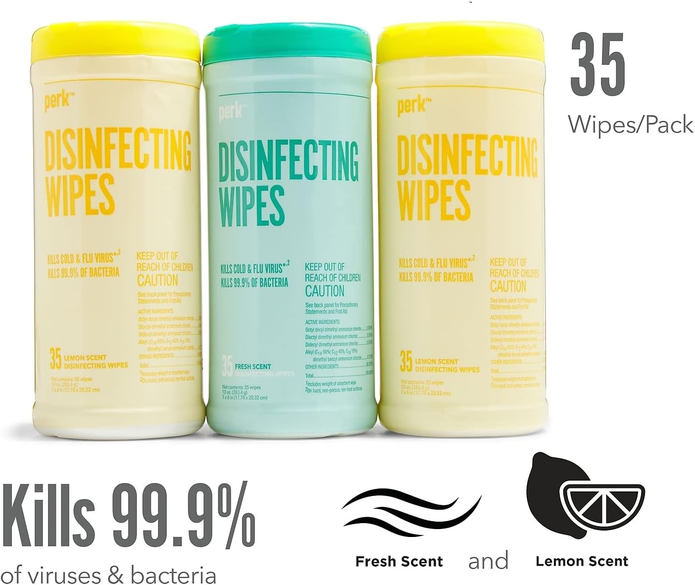 image:imagePerk Disinfecting MultiSurface Cleaning Wipes Lemon amp Fresh Scent 35Count Each Pack of 6 Total 210
