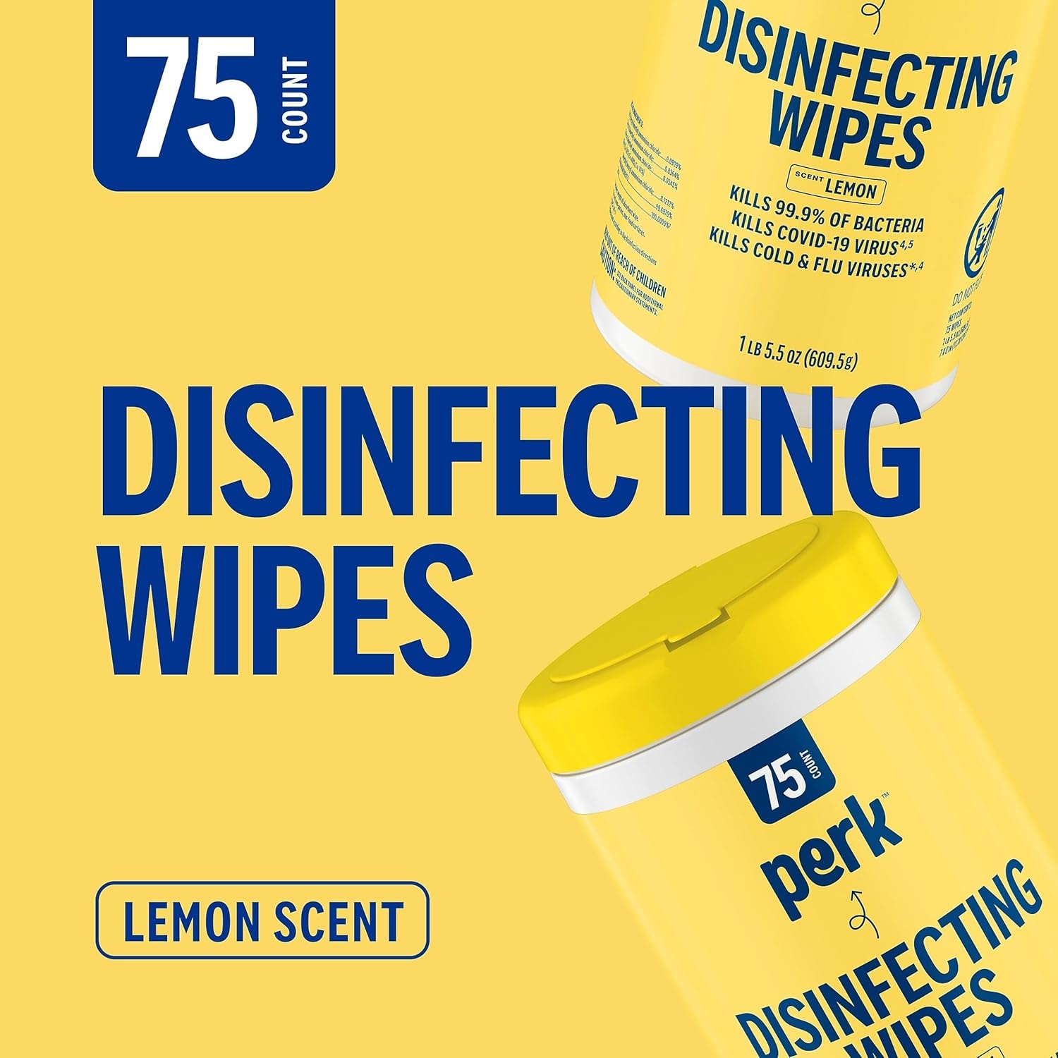 image:imagePerk Disinfecting Wipes Lemon Scent 75 WipesCanister MultiSurface Cleaning Wipes for Home Office amp Classroom1 Count Pack of 1