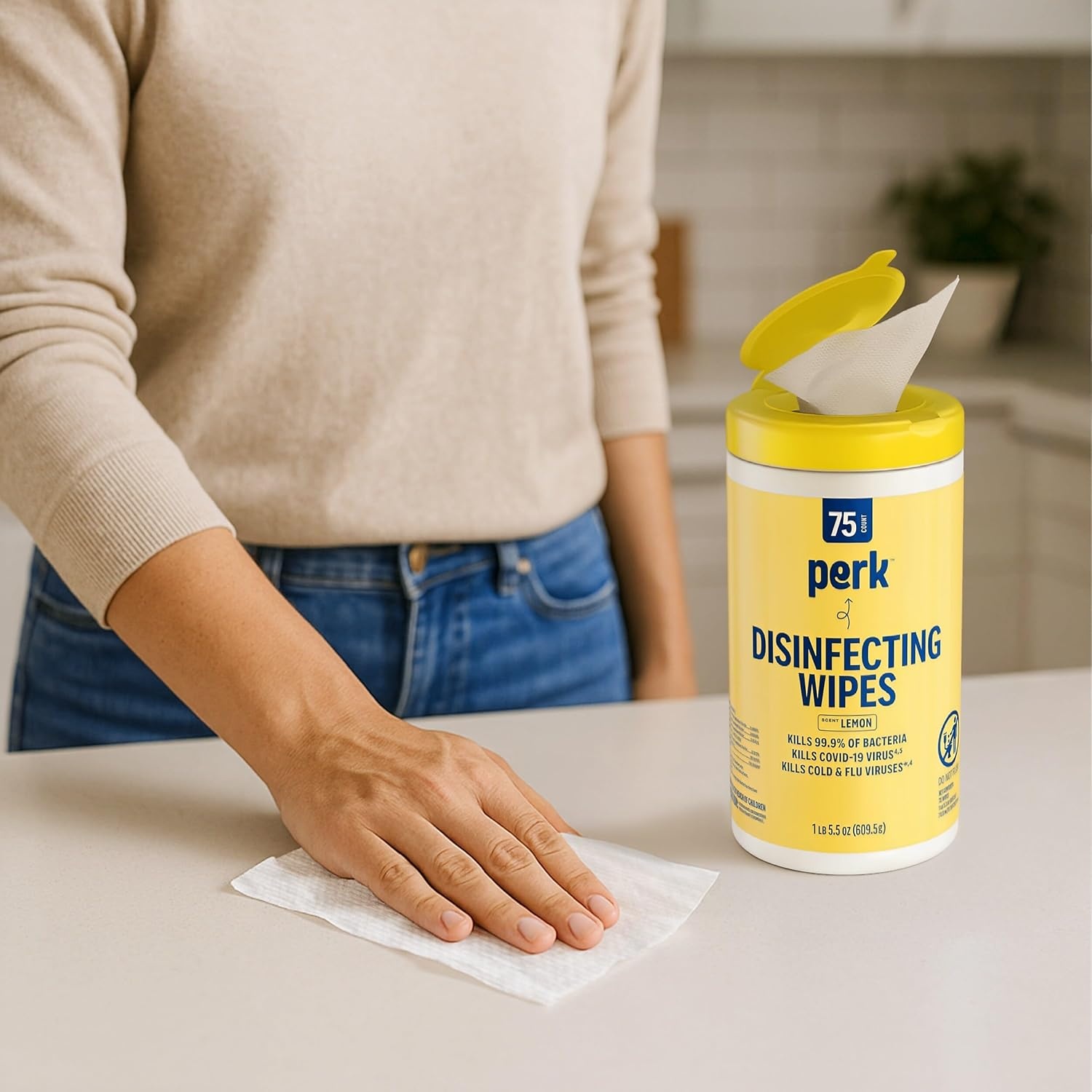 image:imagePerk Disinfecting Wipes Lemon Scent 75 WipesCanister MultiSurface Cleaning Wipes for Home Office amp Classroom1 Count Pack of 1