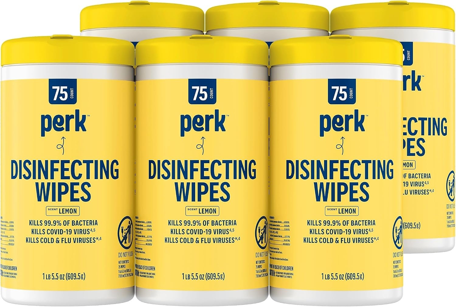 image:imagePerk Disinfecting Wipes Lemon Scent 75 WipesCanister MultiSurface Cleaning Wipes for Home Office amp Classroom6 Pack