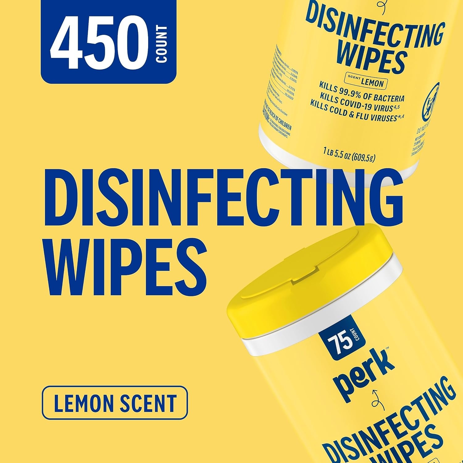 image:imagePerk Disinfecting Wipes Lemon Scent 75 WipesCanister MultiSurface Cleaning Wipes for Home Office amp Classroom6 Pack