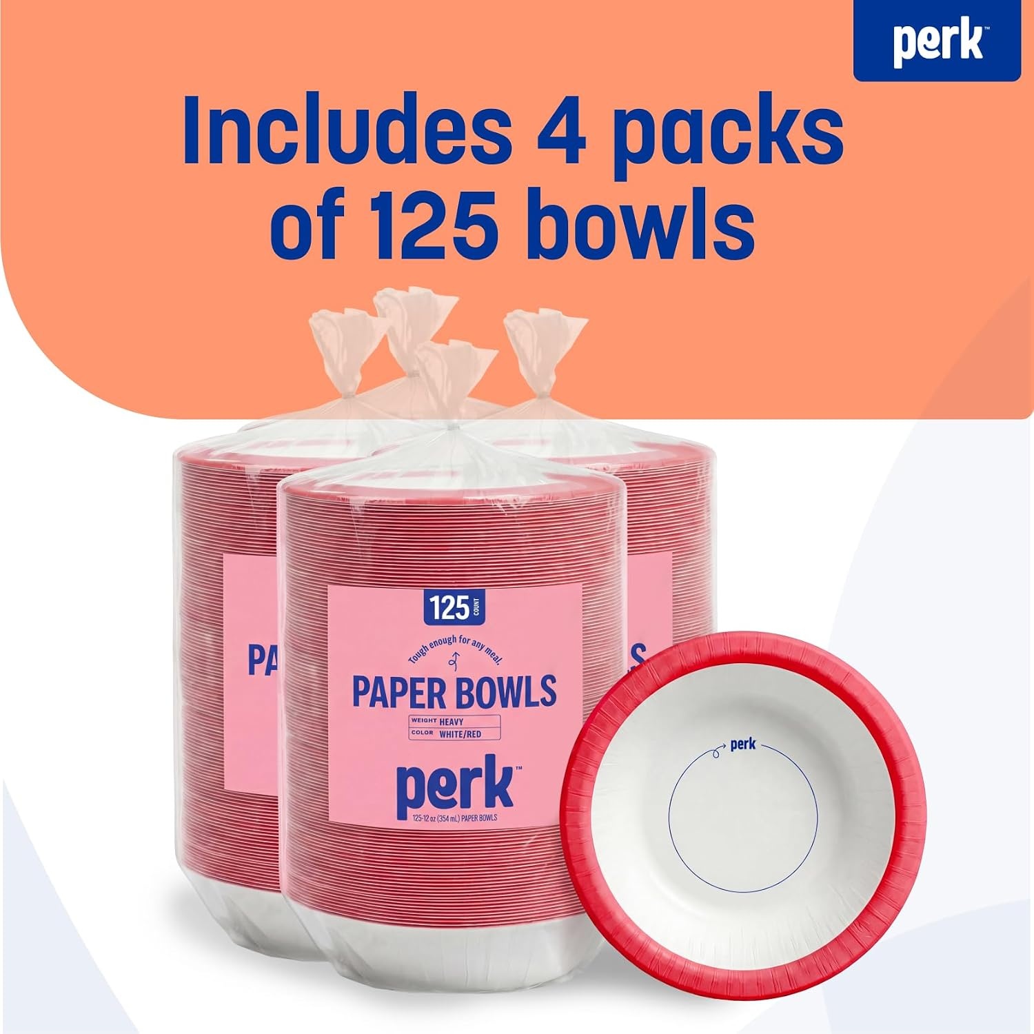 image:imagePerk HeavyWeight Paper Bowls 12 Oz 500 Count Bulk Disposable Bowls for Soups Snacks amp Everyday Meals WhiteOrange500