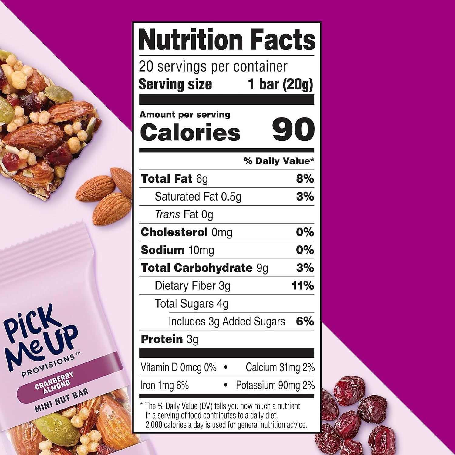 image:imagePick Me Up Provisions Mini Gluten Free Salted Caramel Dark Chocolate Nut Bar 20 Bars Perfect for Lunches Protein SnackCranberry Almond
