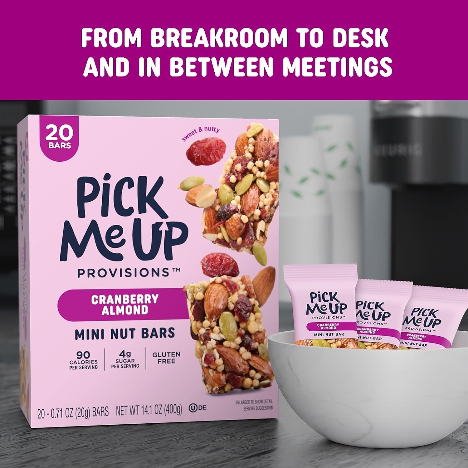image:imagePick Me Up Provisions Mini Gluten Free Salted Caramel Dark Chocolate Nut Bar 20 Bars Perfect for Lunches Protein SnackCranberry Almond