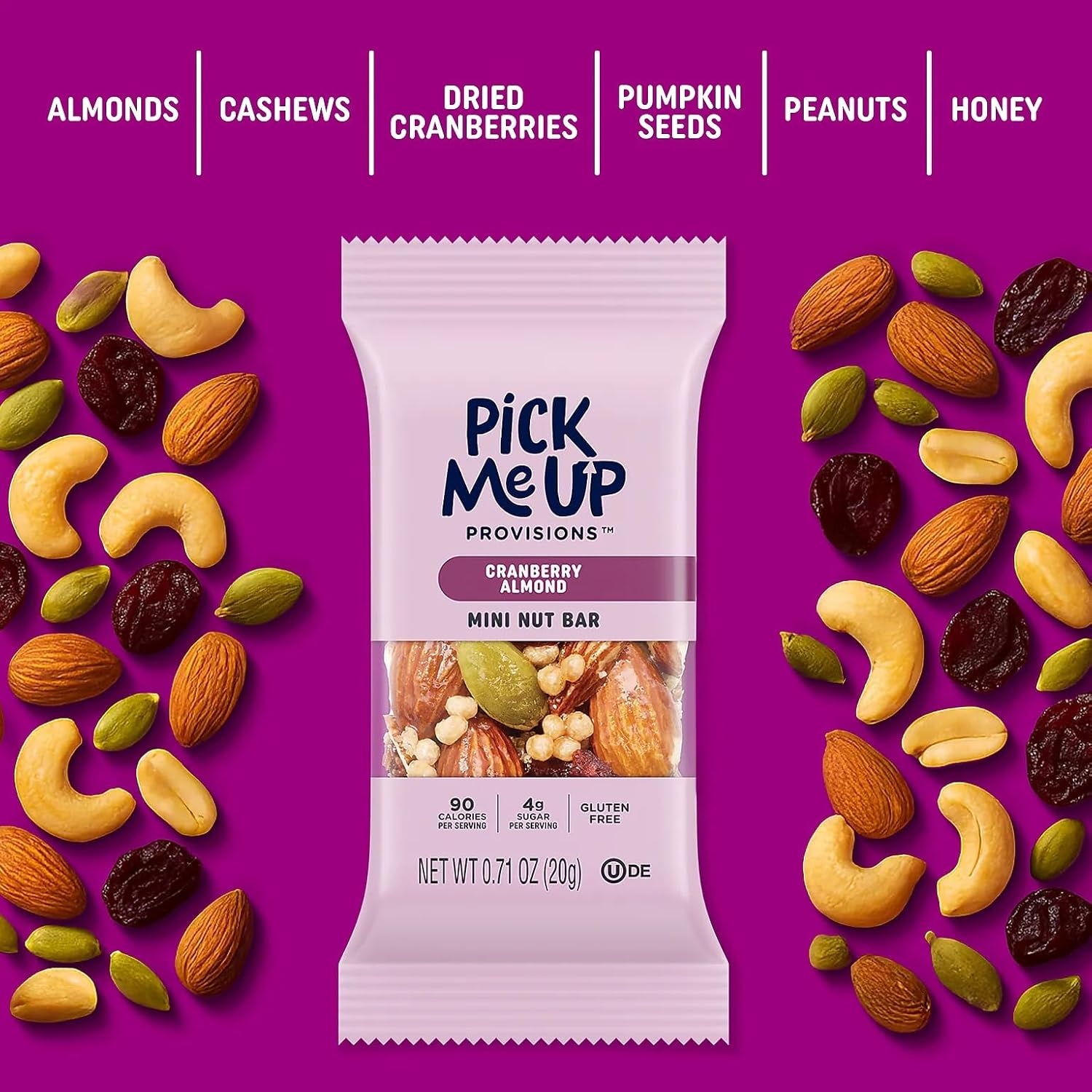 image:imagePick Me Up Provisions Mini Gluten Free Salted Caramel Dark Chocolate Nut Bar 20 Bars Perfect for Lunches Protein SnackCranberry Almond