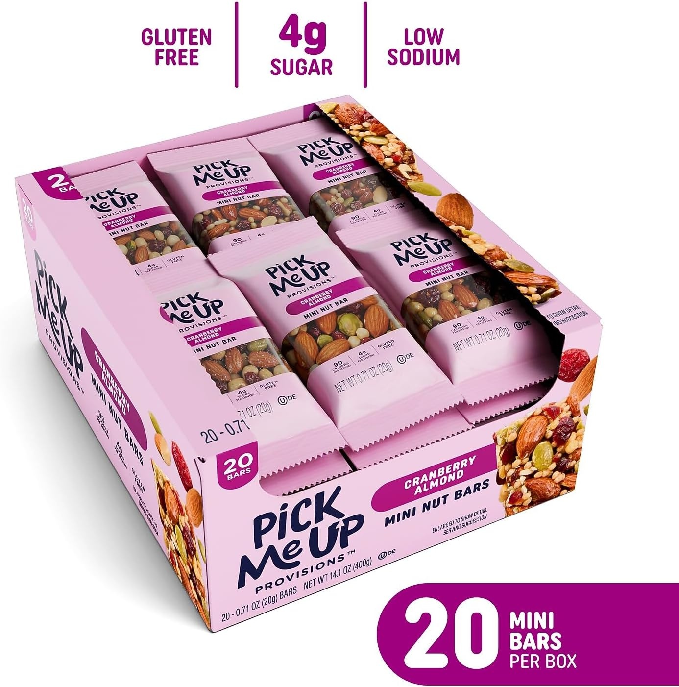 image:imagePick Me Up Provisions Mini Gluten Free Salted Caramel Dark Chocolate Nut Bar 20 Bars Perfect for Lunches Protein SnackCranberry Almond