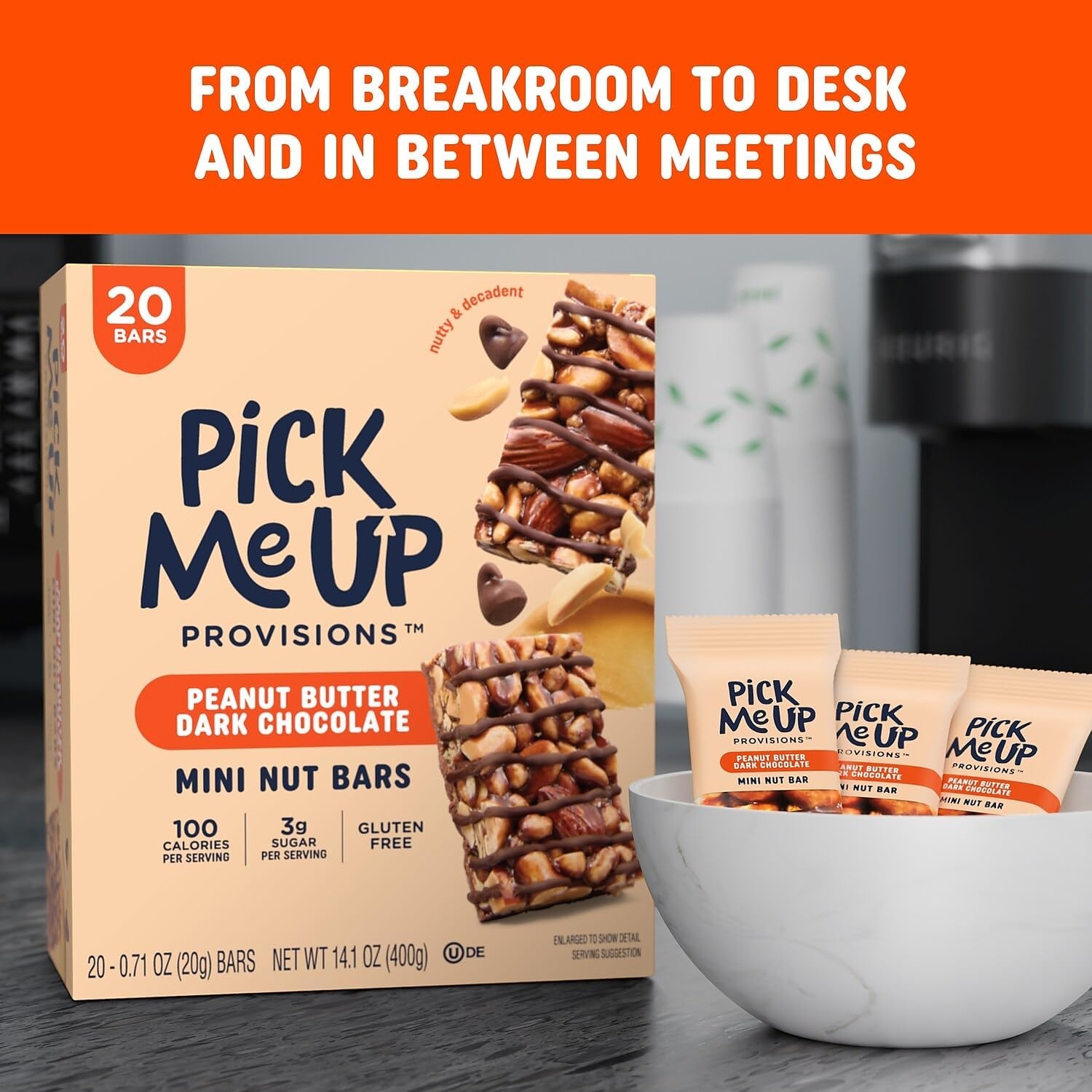 image:imagePick Me Up Provisions Mini Gluten Free Salted Caramel Dark Chocolate Nut Bar 20 Bars Perfect for Lunches Protein SnackPeanut Butter