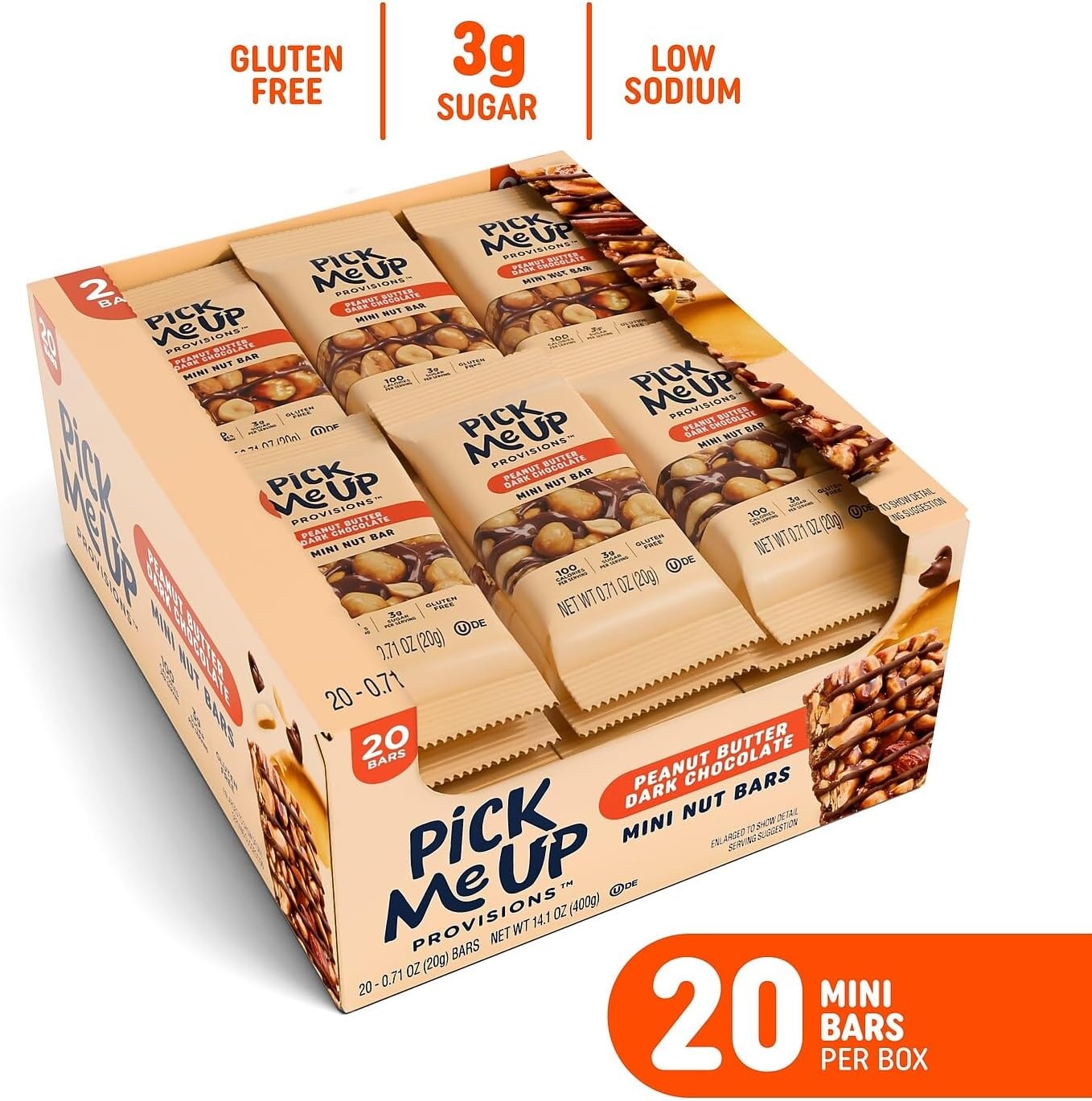 image:imagePick Me Up Provisions Mini Gluten Free Salted Caramel Dark Chocolate Nut Bar 20 Bars Perfect for Lunches Protein SnackPeanut Butter