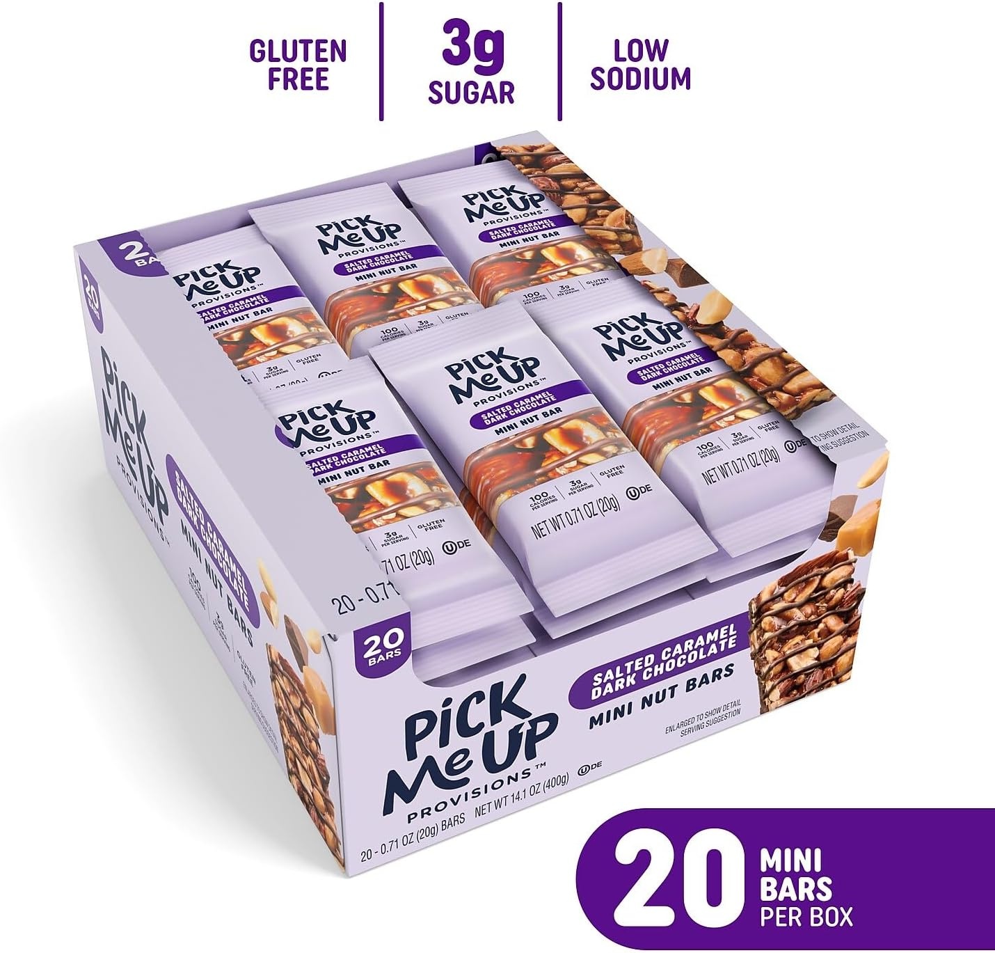 image:imagePick Me Up Provisions Mini Gluten Free Salted Caramel Dark Chocolate Nut Bar 20 Bars Perfect for Lunches Protein SnackSalted Caramel