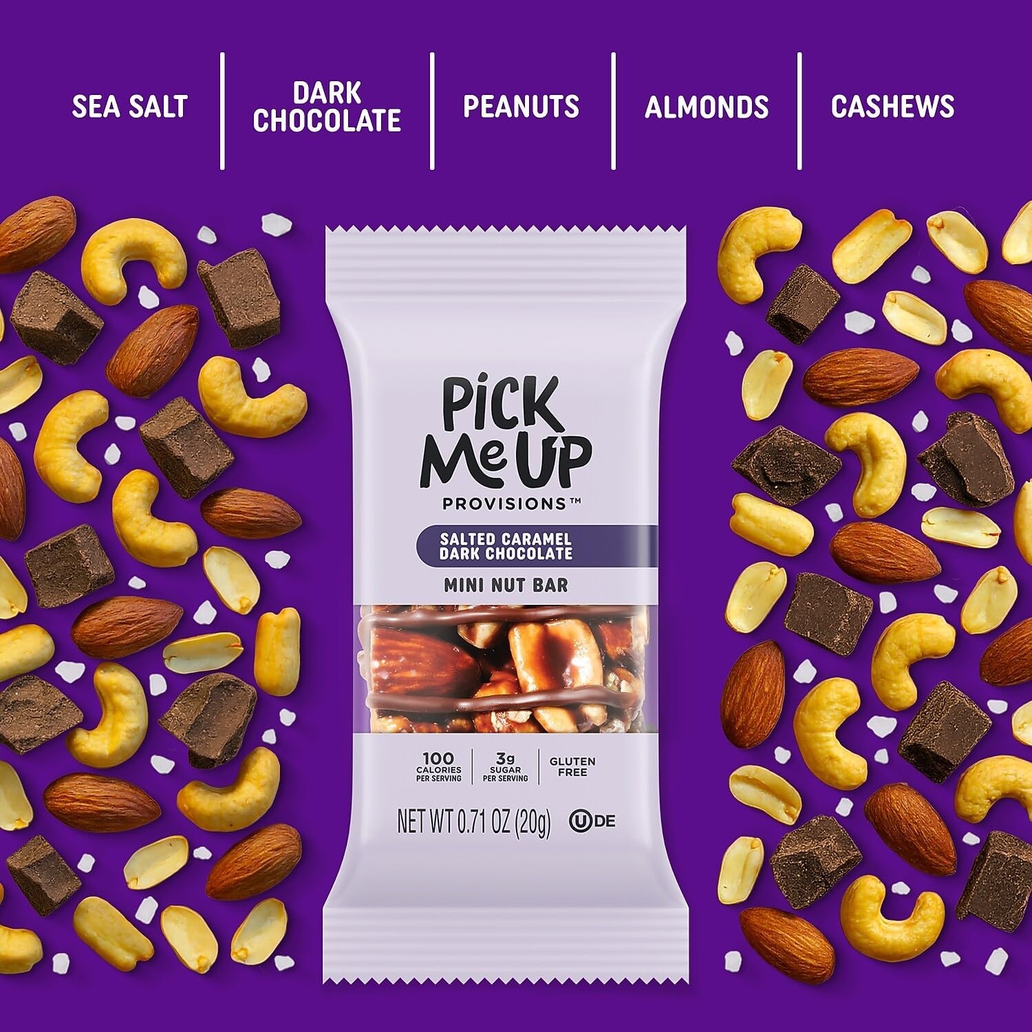 image:imagePick Me Up Provisions Mini Gluten Free Salted Caramel Dark Chocolate Nut Bar 20 Bars Perfect for Lunches Protein SnackSalted Caramel
