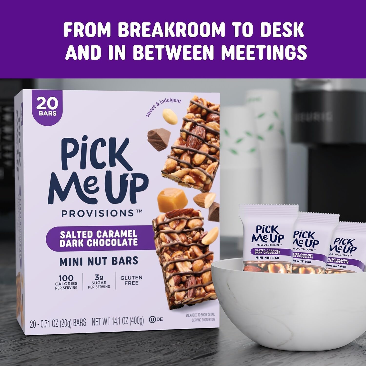 image:imagePick Me Up Provisions Mini Gluten Free Salted Caramel Dark Chocolate Nut Bar 20 Bars Perfect for Lunches Protein SnackSalted Caramel