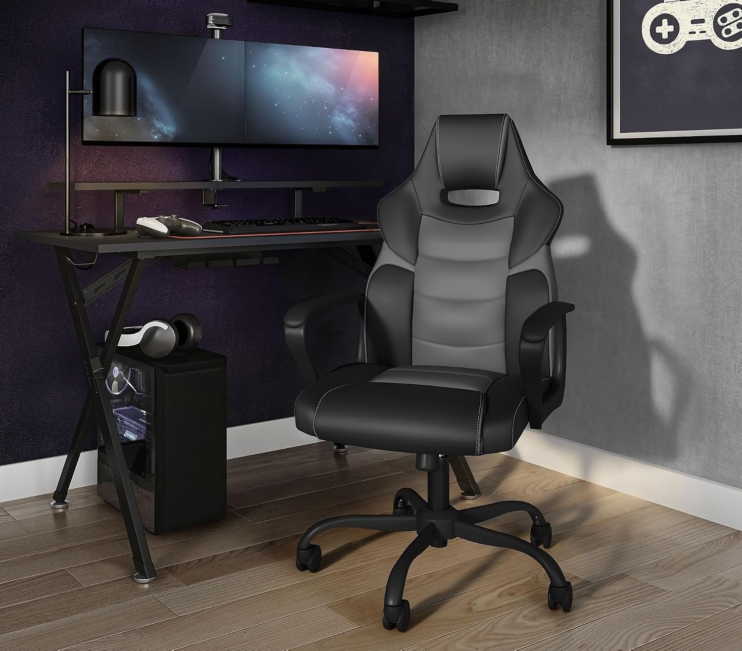 image:imageSTAPLES Emerge Vector Luxura Faux Leather Gaming Chair Black amp Gray