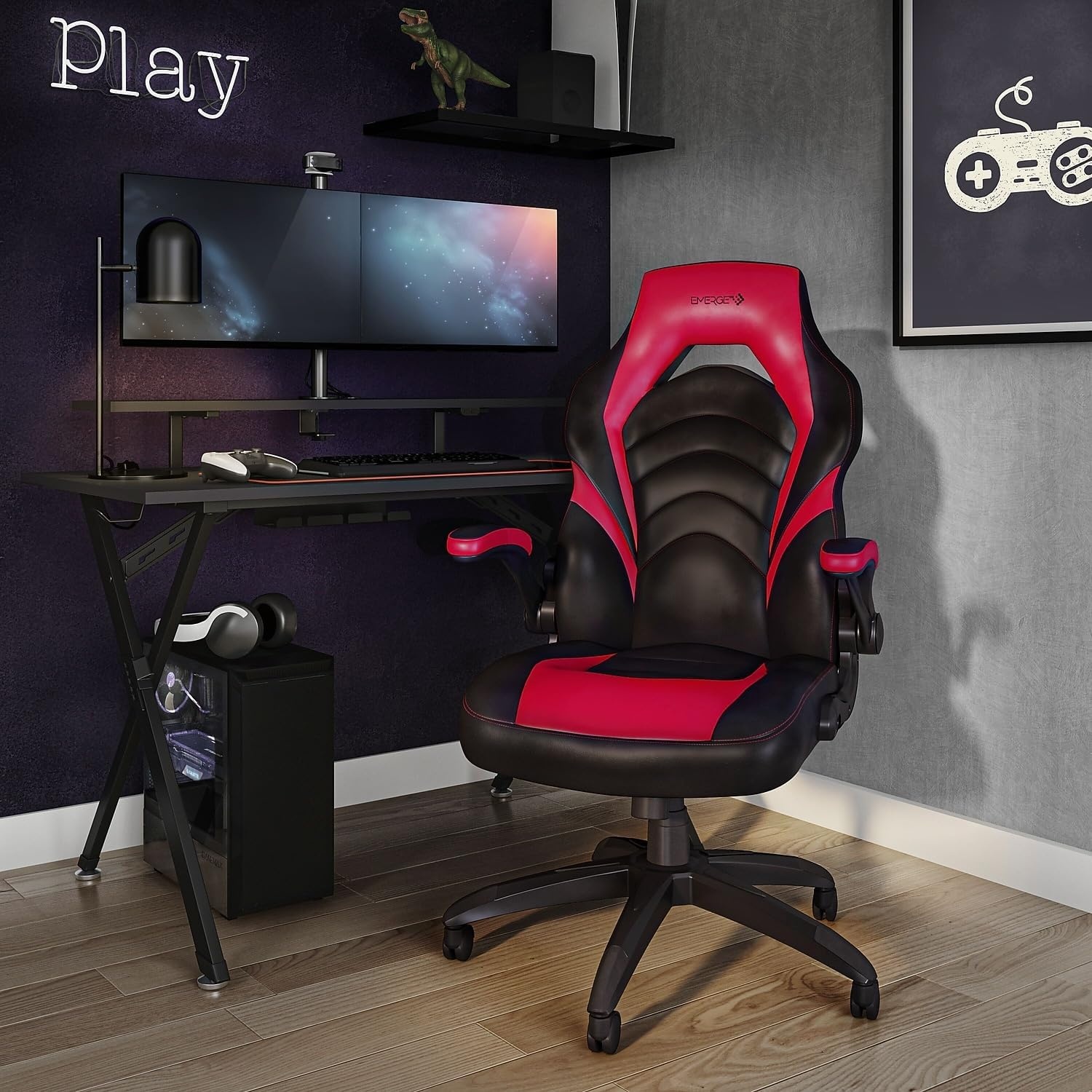 image:imageSTAPLES Emerge Vortex Gaming Chair Ergonomic Adjustable Height Swivel BlackRed Black