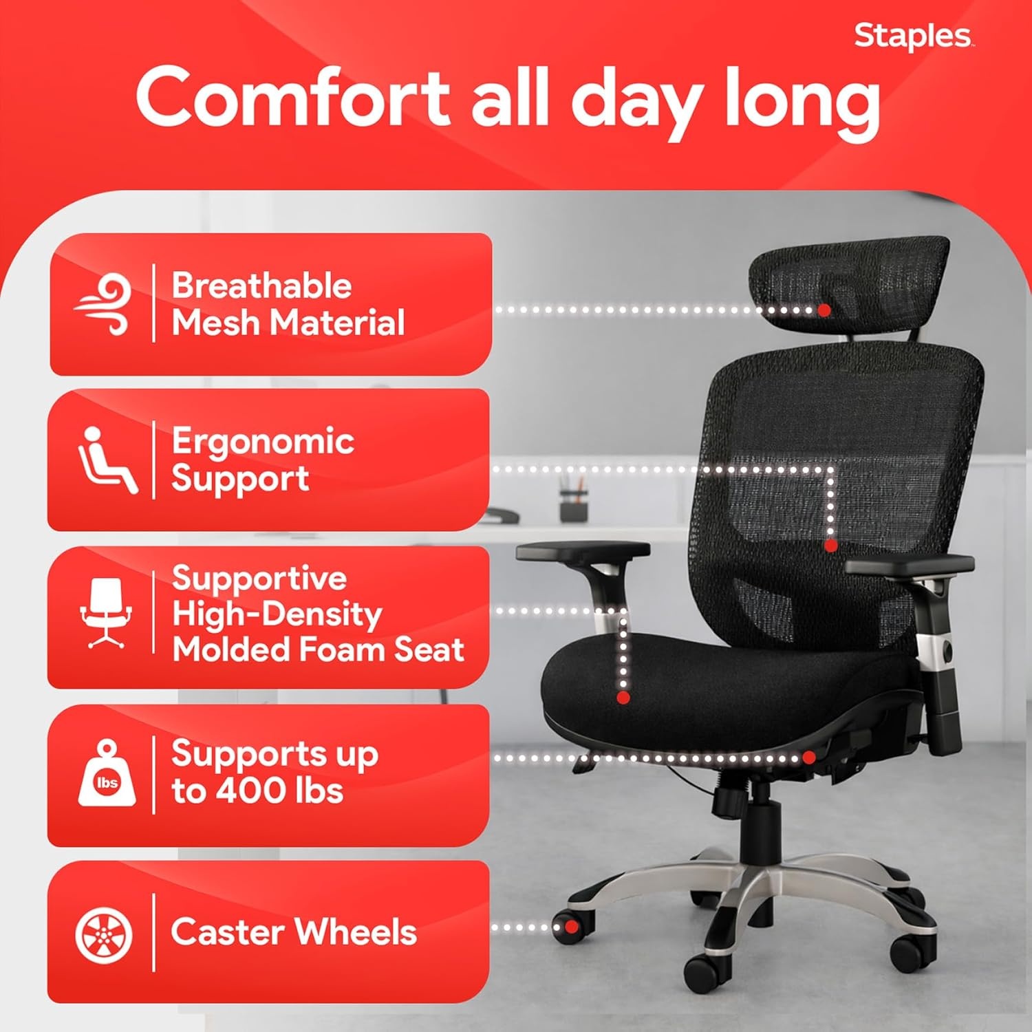 image:imageSTAPLES Ergonomic Task Chair Mesh Ergonomic Lumbar Support Swivel GrayBlack