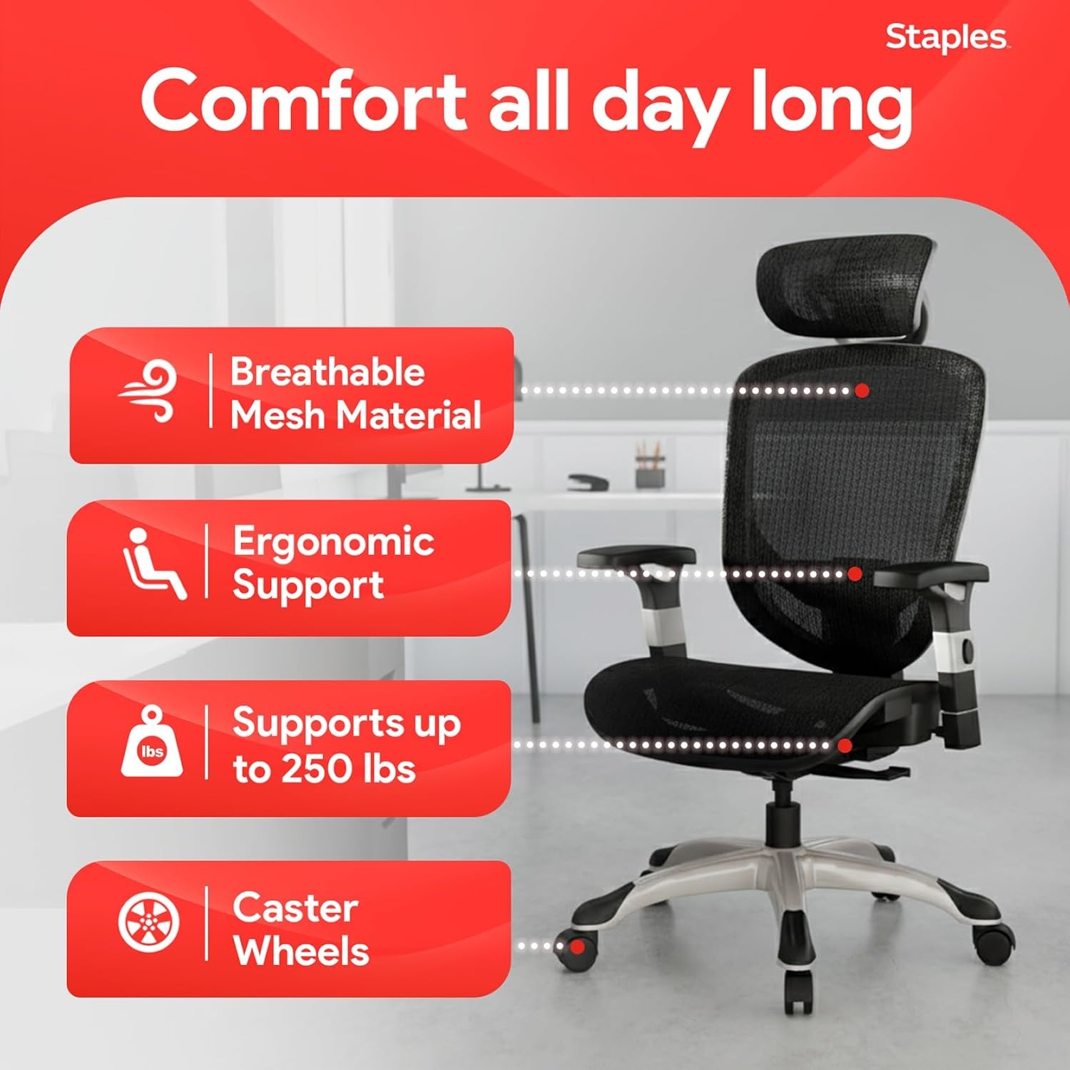 image:imageSTAPLES Ergonomic Task Chair Mesh Ergonomic Lumbar Support Swivel GrayBlack