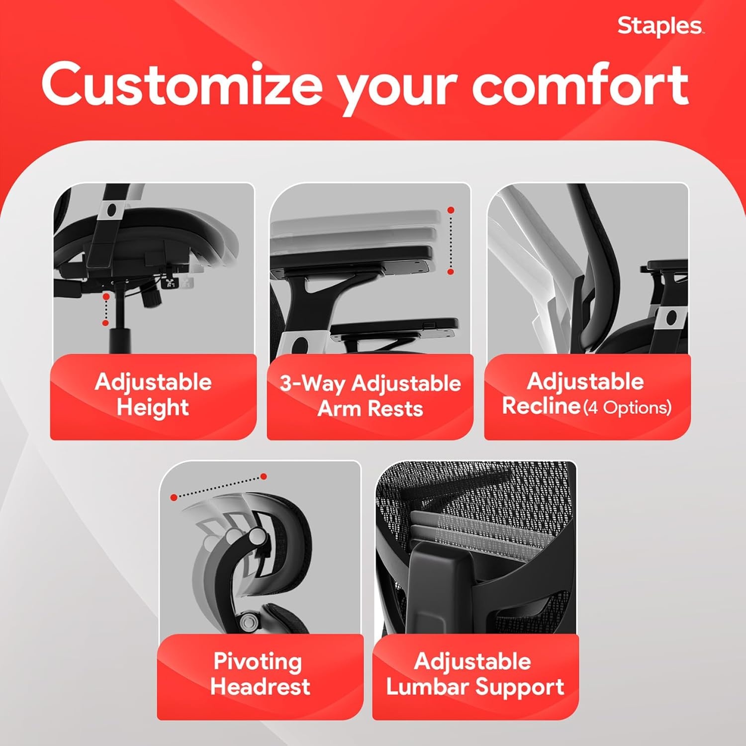 image:imageSTAPLES Ergonomic Task Chair Mesh Ergonomic Lumbar Support Swivel GrayBlack