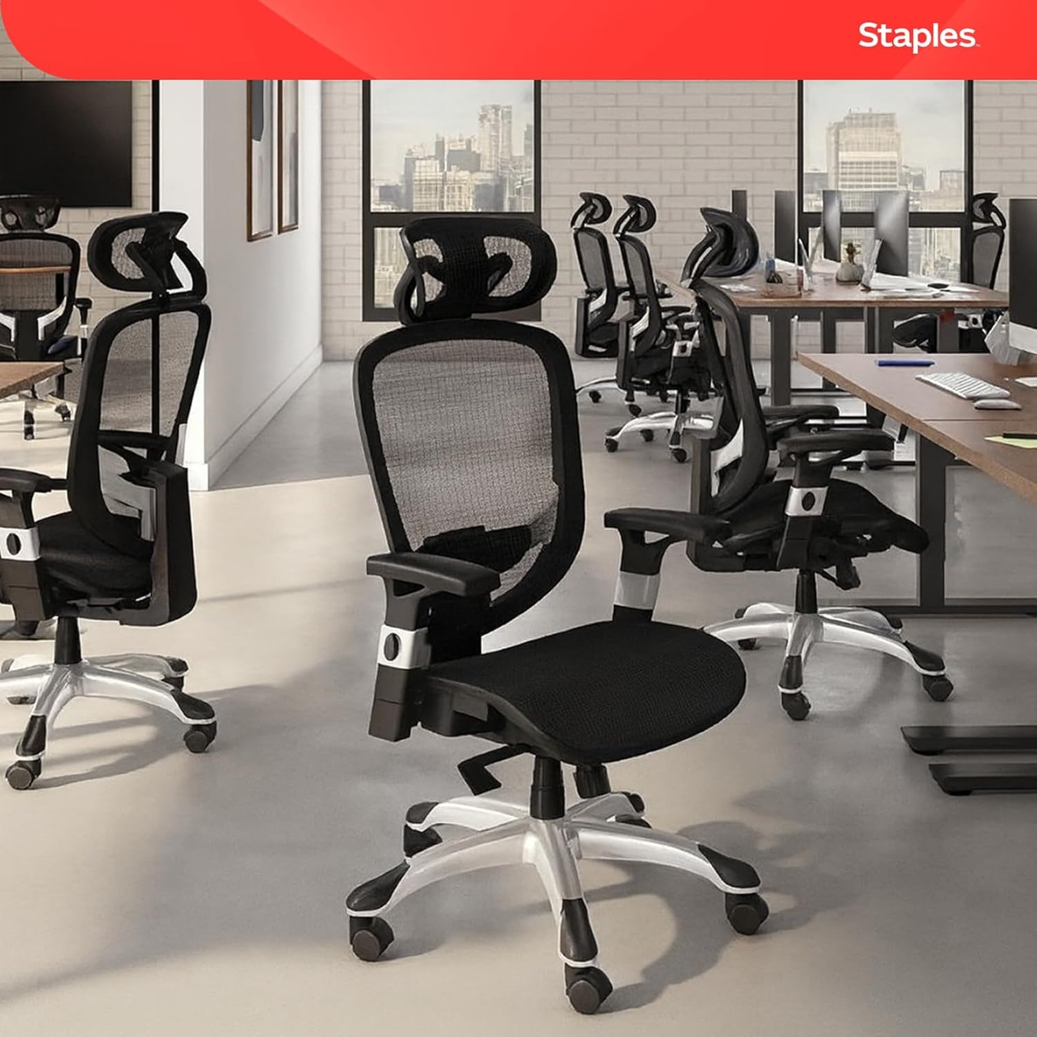 image:imageSTAPLES Ergonomic Task Chair Mesh Ergonomic Lumbar Support Swivel GrayBlack