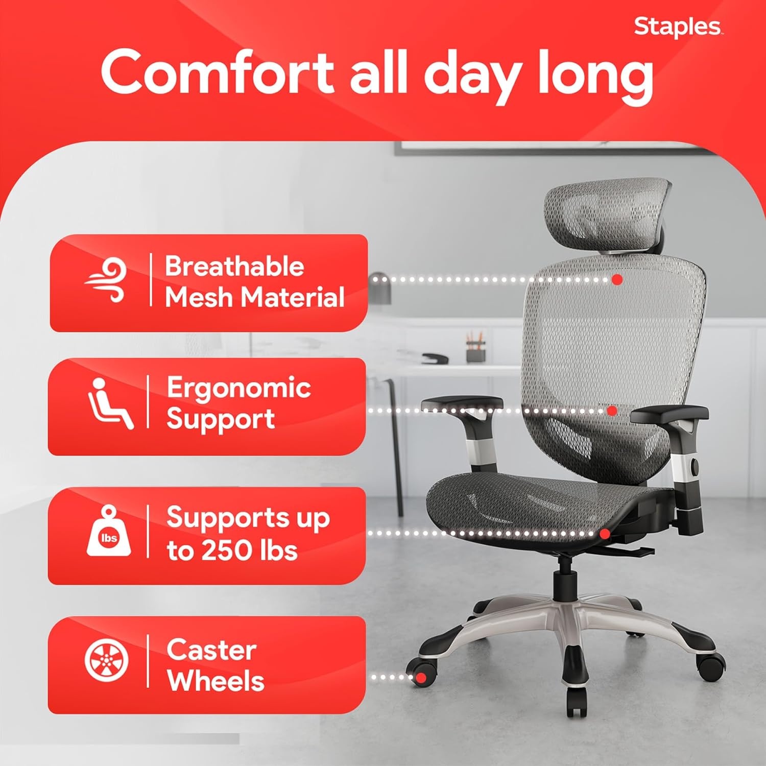 image:imageSTAPLES Ergonomic Task Chair Mesh Ergonomic Lumbar Support Swivel GrayGrey