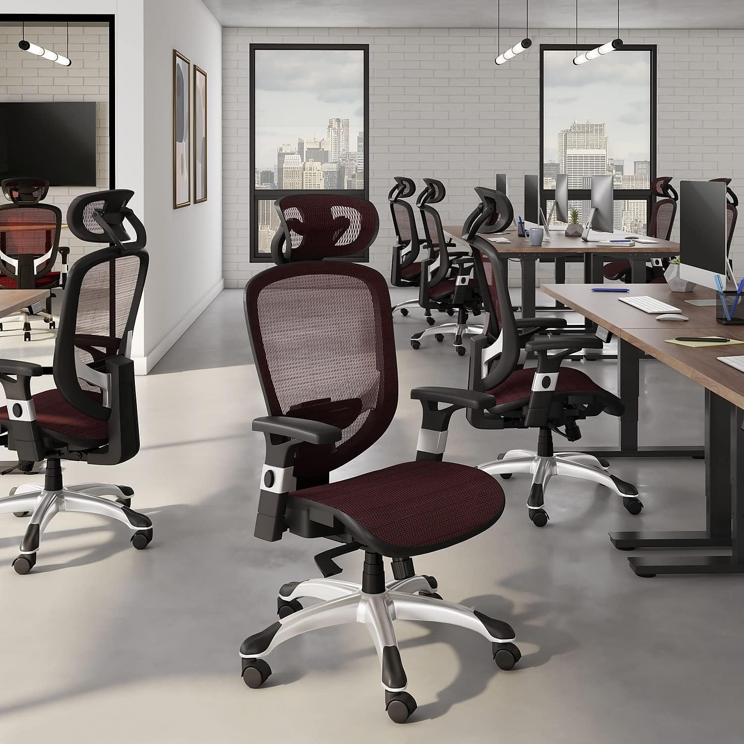 image:imageSTAPLES Ergonomic Task Chair Mesh Ergonomic Lumbar Support Swivel GrayMaroon