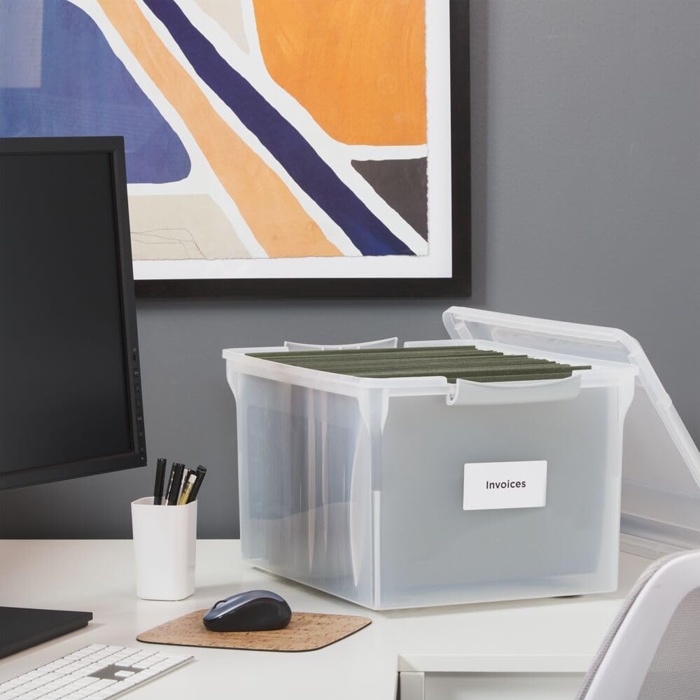 image:imageSTAPLES Hanging File Folder Box Storage Bin Organizer Snap Lid Letter amp Legal Size Documents ClearClear