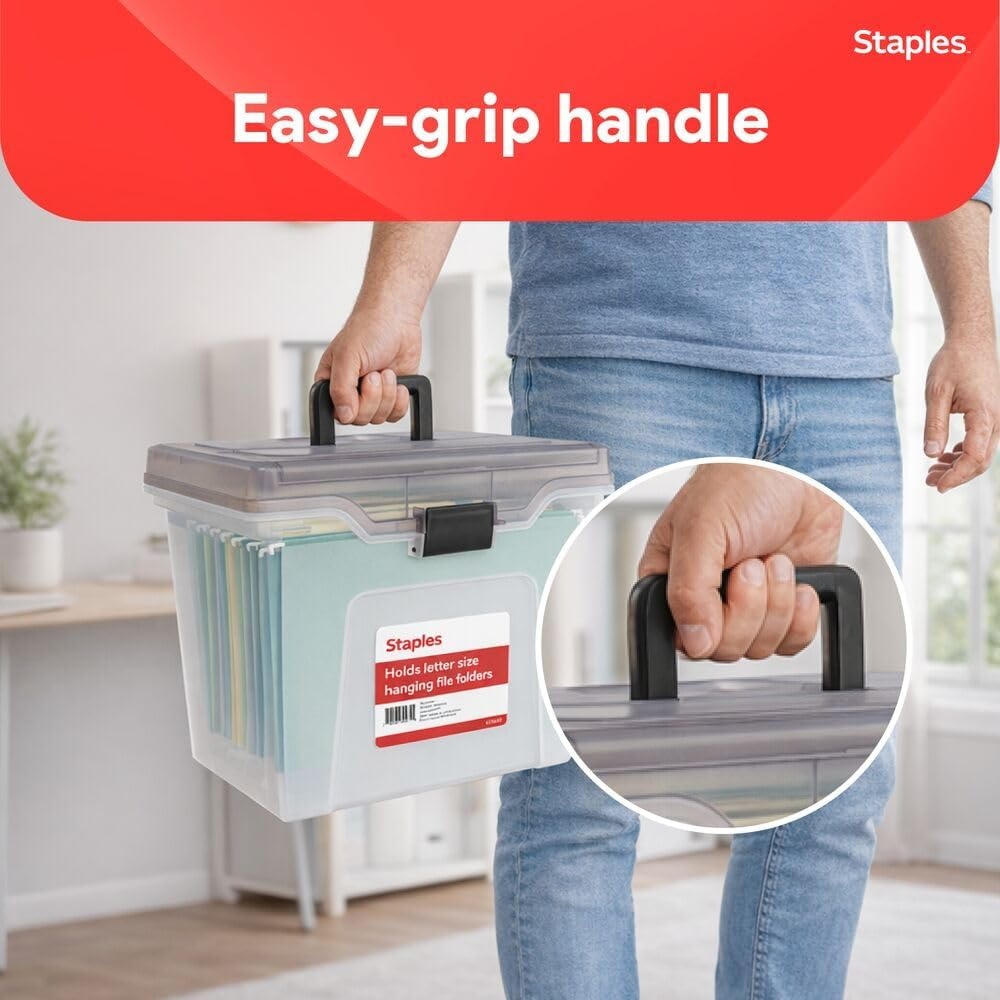 image:imageSTAPLES Hanging File Folder Box Storage Bin Organizer Snap Lid Letter amp Legal Size Documents ClearClear