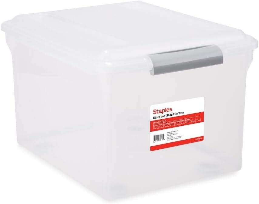 image:imageSTAPLES Hanging File Folder Box Storage Bin Organizer Snap Lid Letter amp Legal Size Documents ClearClear