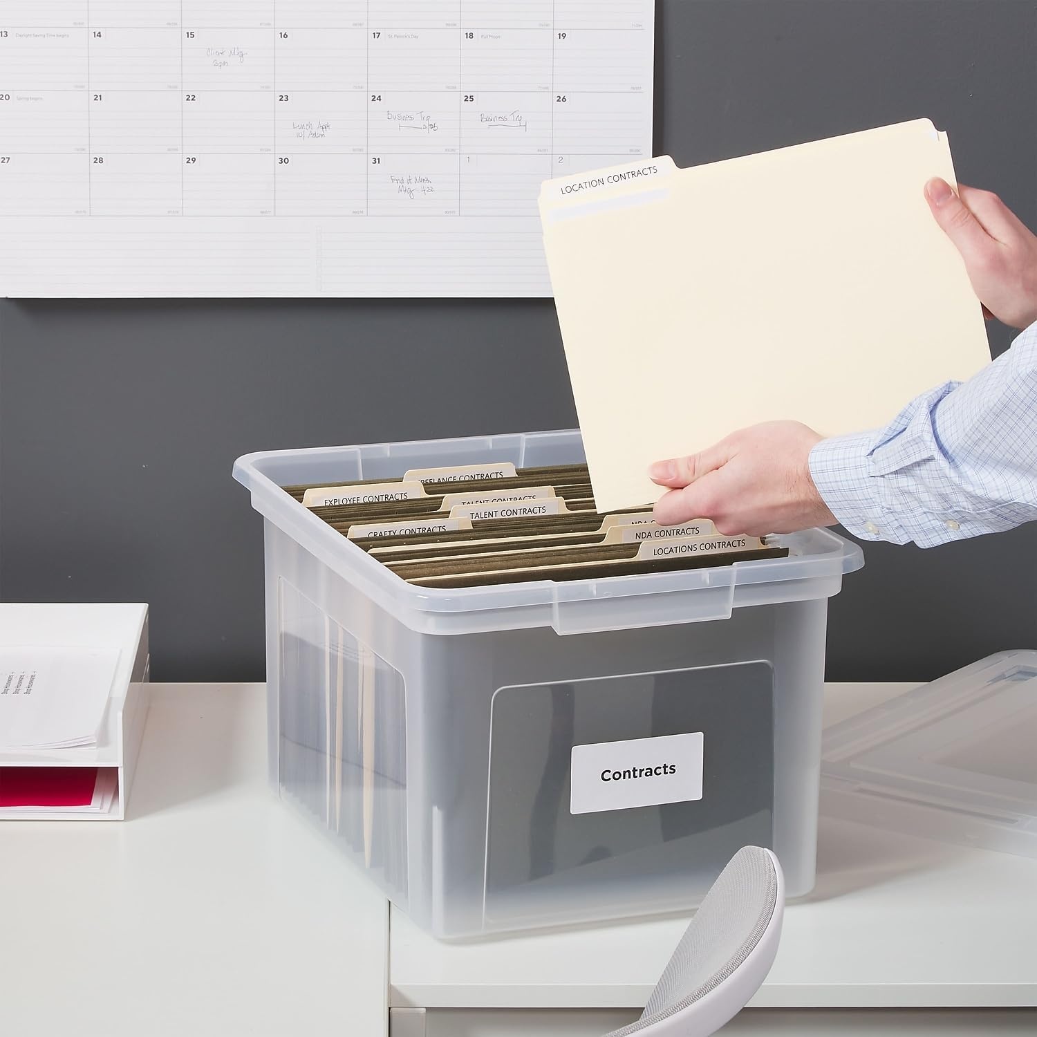 image:imageSTAPLES Hanging File Folder Box Storage Bin Organizer Snap Lid Letter amp Legal Size Documents ClearClear