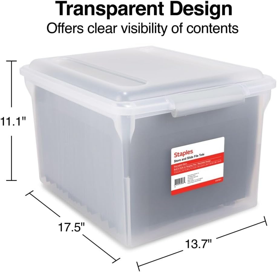 image:imageSTAPLES Hanging File Folder Box Storage Bin Organizer Snap Lid Letter amp Legal Size Documents ClearClear
