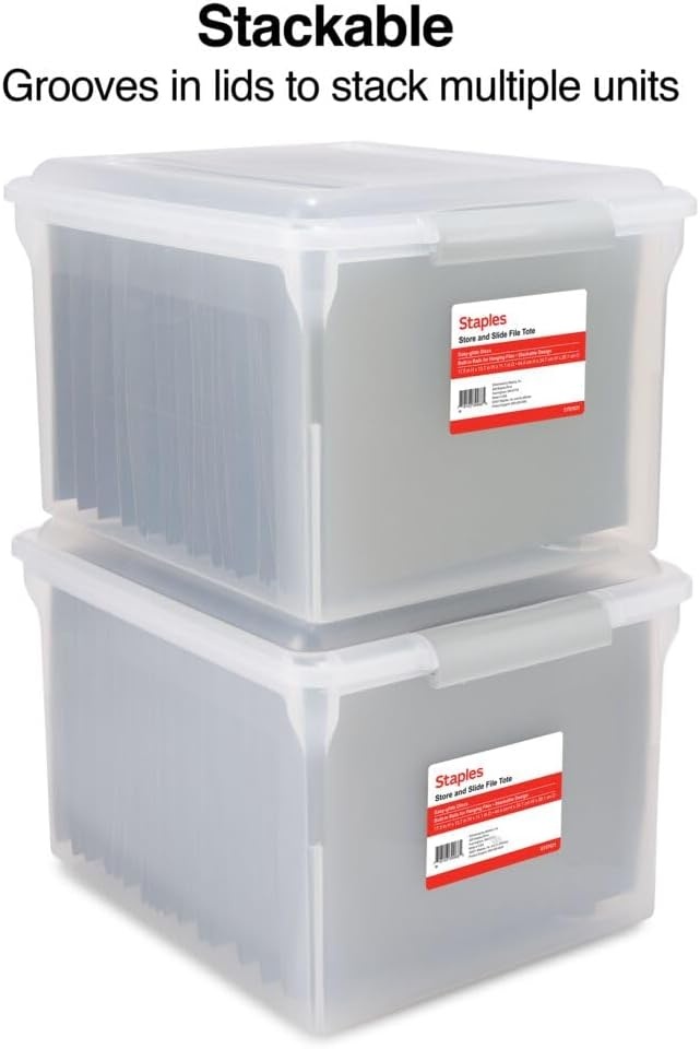 image:imageSTAPLES Hanging File Folder Box Storage Bin Organizer Snap Lid Letter amp Legal Size Documents ClearClear