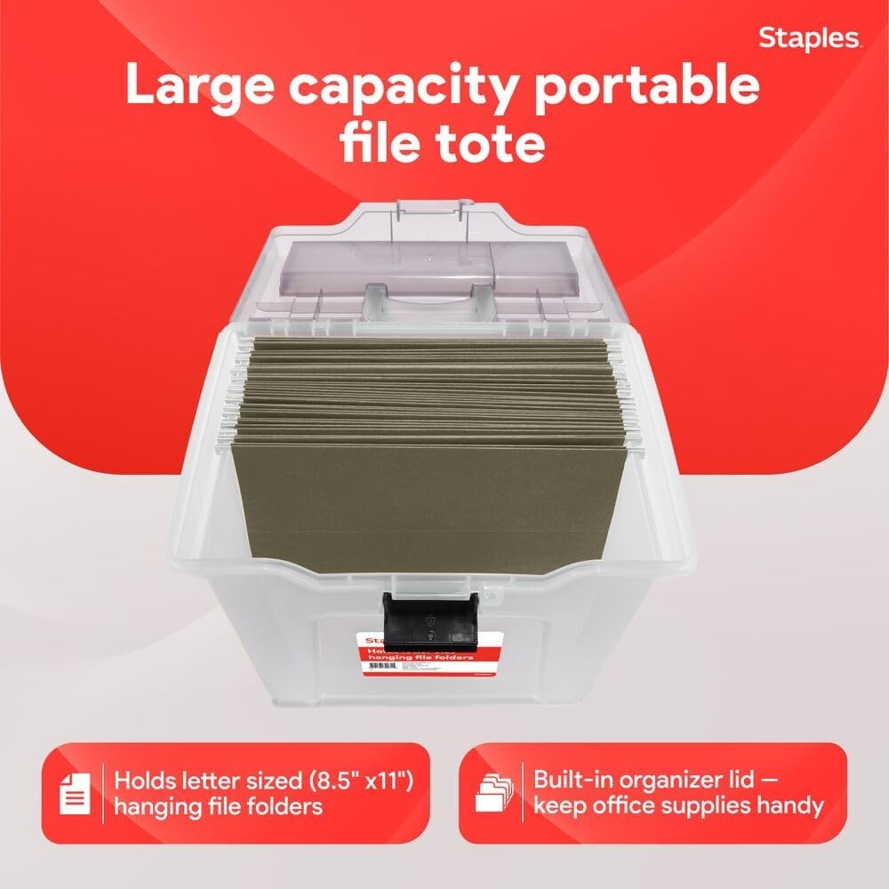 image:imageSTAPLES Hanging File Folder Box Storage Bin Organizer Snap Lid Letter amp Legal Size Documents ClearClear