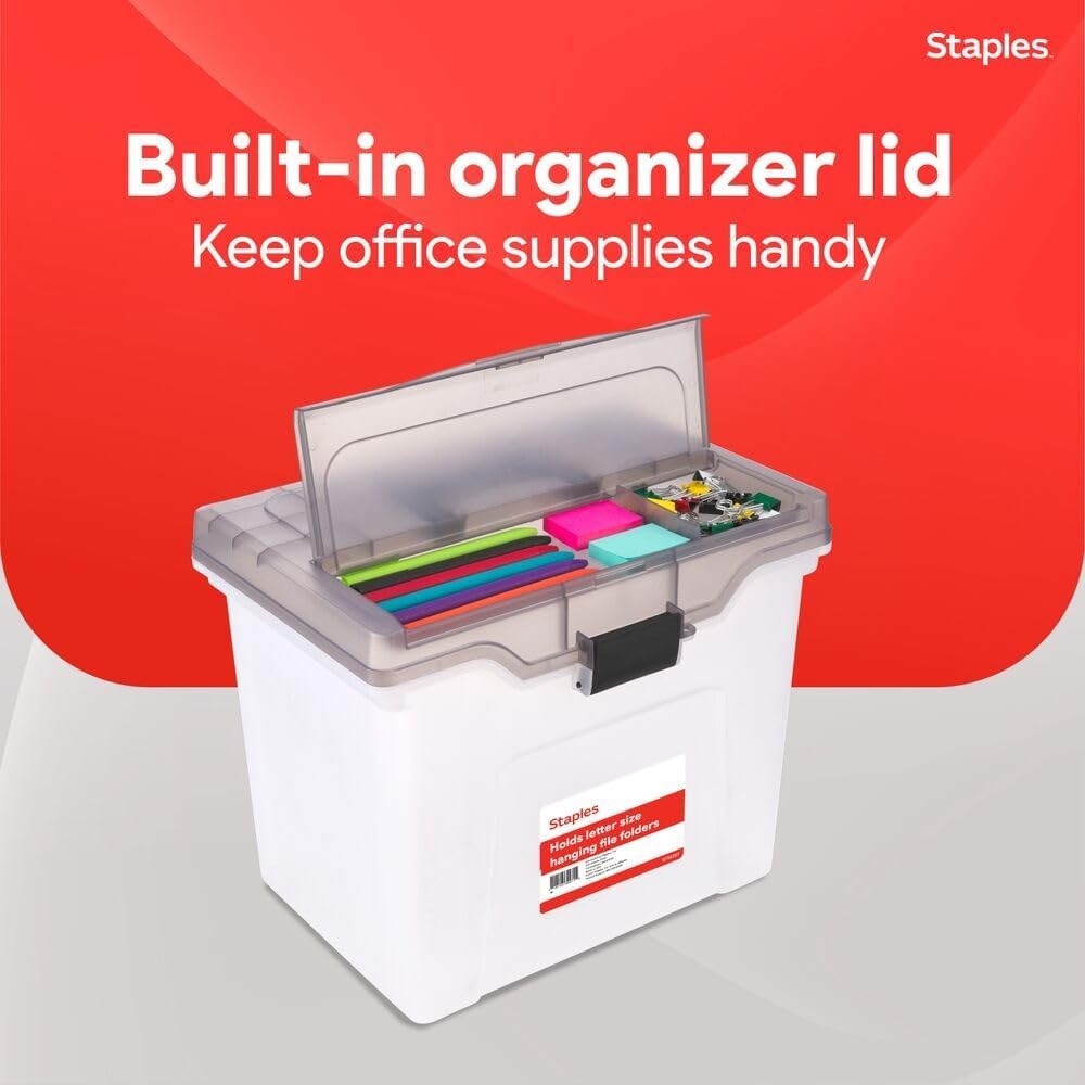 image:imageSTAPLES Hanging File Folder Box Storage Bin Organizer Snap Lid Letter amp Legal Size Documents ClearClear