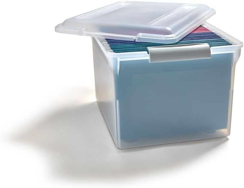 image:imageSTAPLES Hanging File Folder Box Storage Bin Organizer Snap Lid Letter amp Legal Size Documents ClearClear