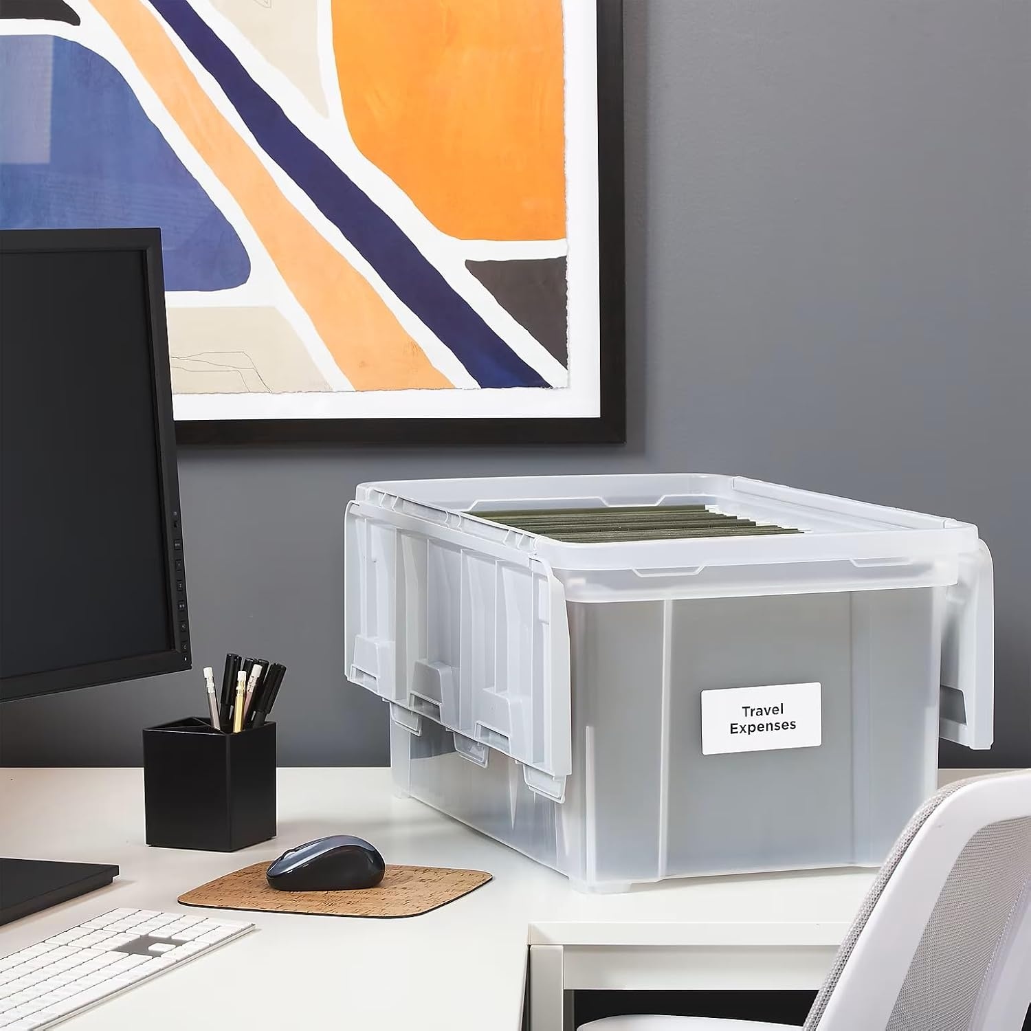 image:imageSTAPLES Hanging File Folder Box Storage Bin Organizer Snap Lid Letter amp Legal Size Documents ClearClear