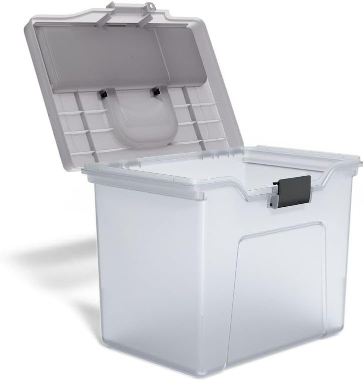 image:imageSTAPLES Hanging File Folder Box Storage Bin Organizer Snap Lid Letter amp Legal Size Documents ClearClear