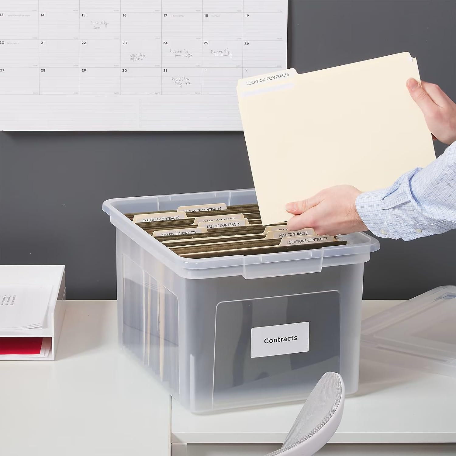 image:imageSTAPLES Hanging File Folder Box Storage Bin Organizer Snap Lid Letter amp Legal Size Documents ClearClear