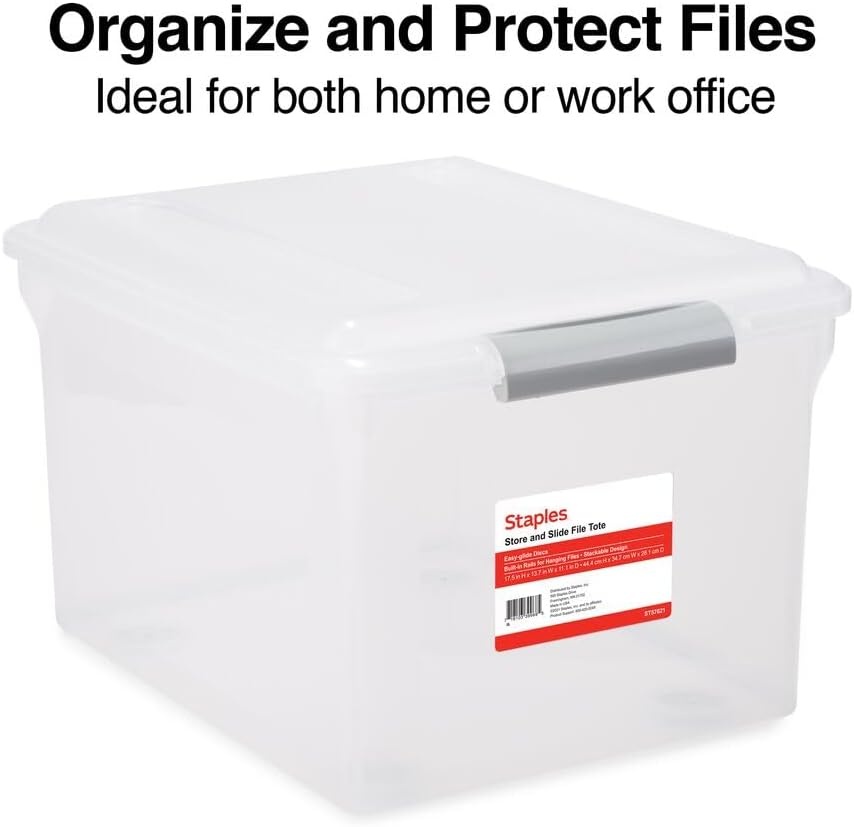 image:imageSTAPLES Hanging File Folder Box Storage Bin Organizer Snap Lid Letter amp Legal Size Documents ClearClear