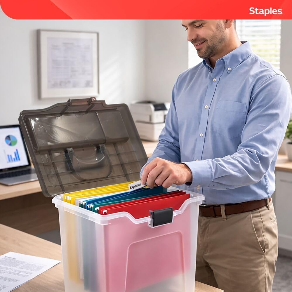 image:imageSTAPLES Hanging File Folder Box Storage Bin Organizer Snap Lid Letter amp Legal Size Documents ClearClear