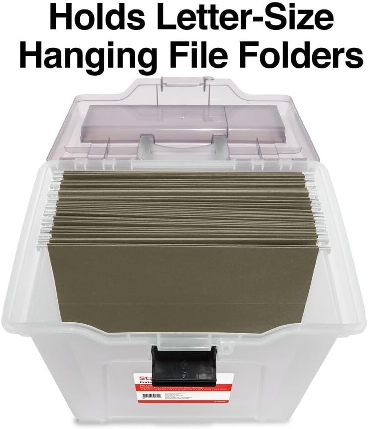 image:imageSTAPLES Hanging File Folder Box Storage Bin Organizer Snap Lid Letter amp Legal Size Documents ClearClear