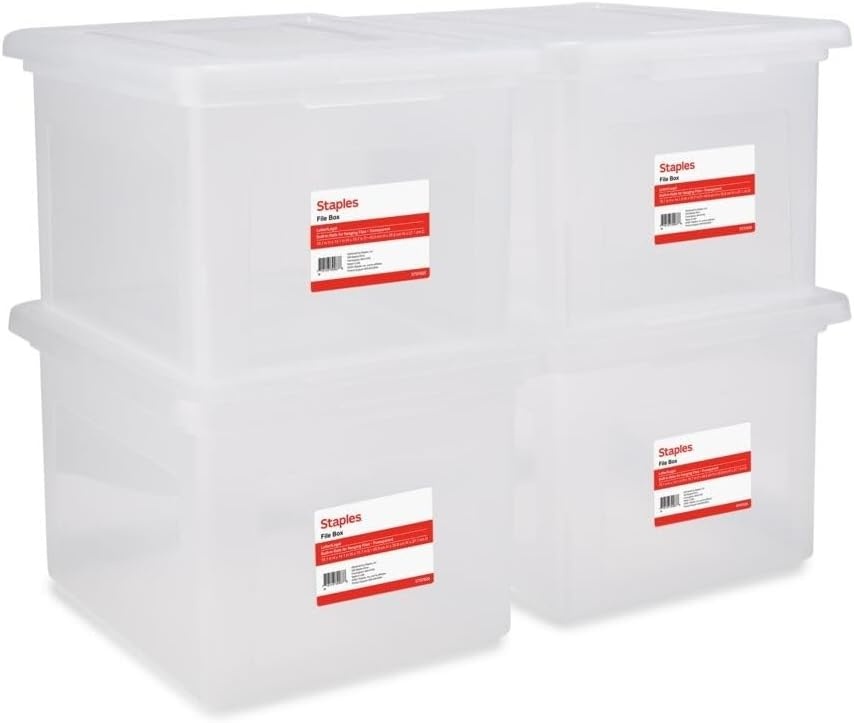 image:imageSTAPLES Hanging File Folder Box Storage Bin Organizer Snap Lid Letter amp Legal Size Documents ClearClear
