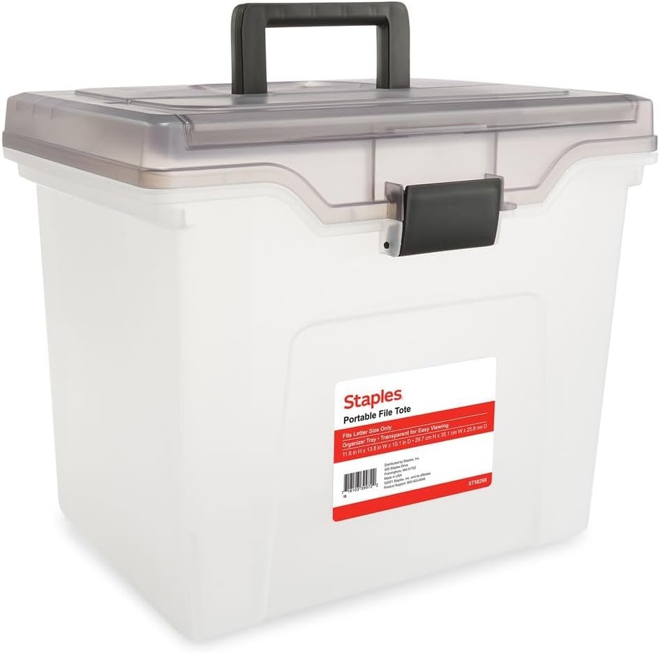 image:imageSTAPLES Hanging File Folder Box Storage Bin Organizer Snap Lid Letter amp Legal Size Documents ClearClear