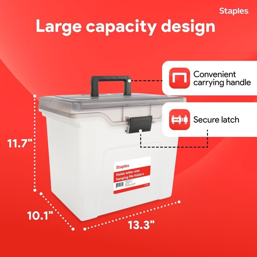 image:imageSTAPLES Hanging File Folder Box Storage Bin Organizer Snap Lid Letter amp Legal Size Documents ClearClear