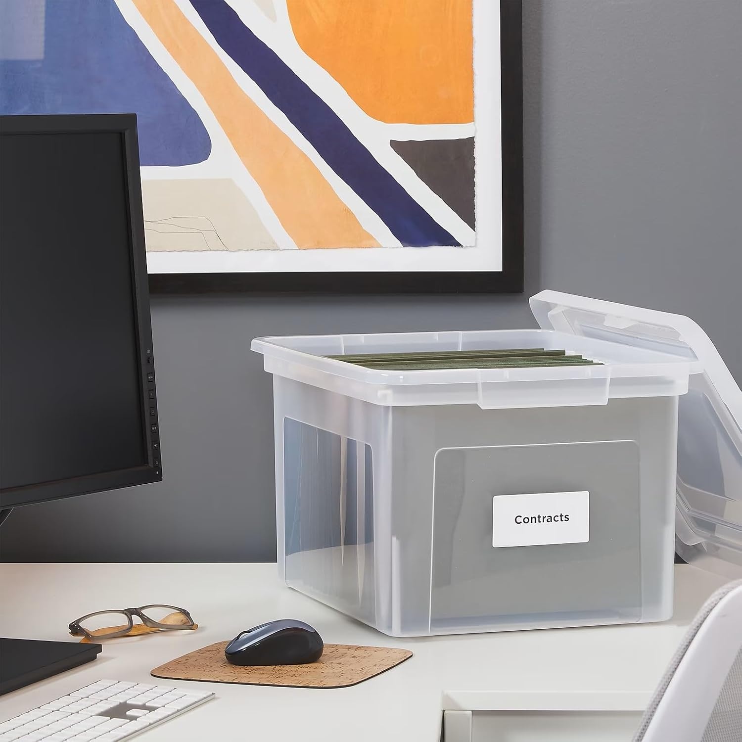 image:imageSTAPLES Hanging File Folder Box Storage Bin Organizer Snap Lid Letter amp Legal Size Documents ClearClear