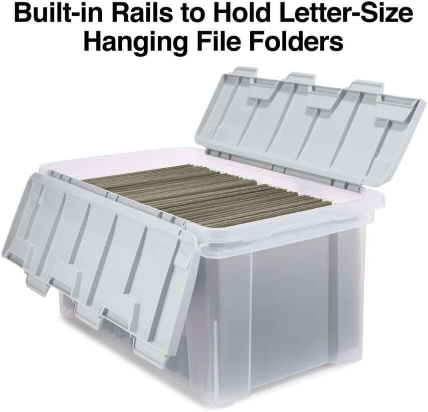 image:imageSTAPLES Hanging File Folder Box Storage Bin Organizer Snap Lid Letter amp Legal Size Documents ClearClear