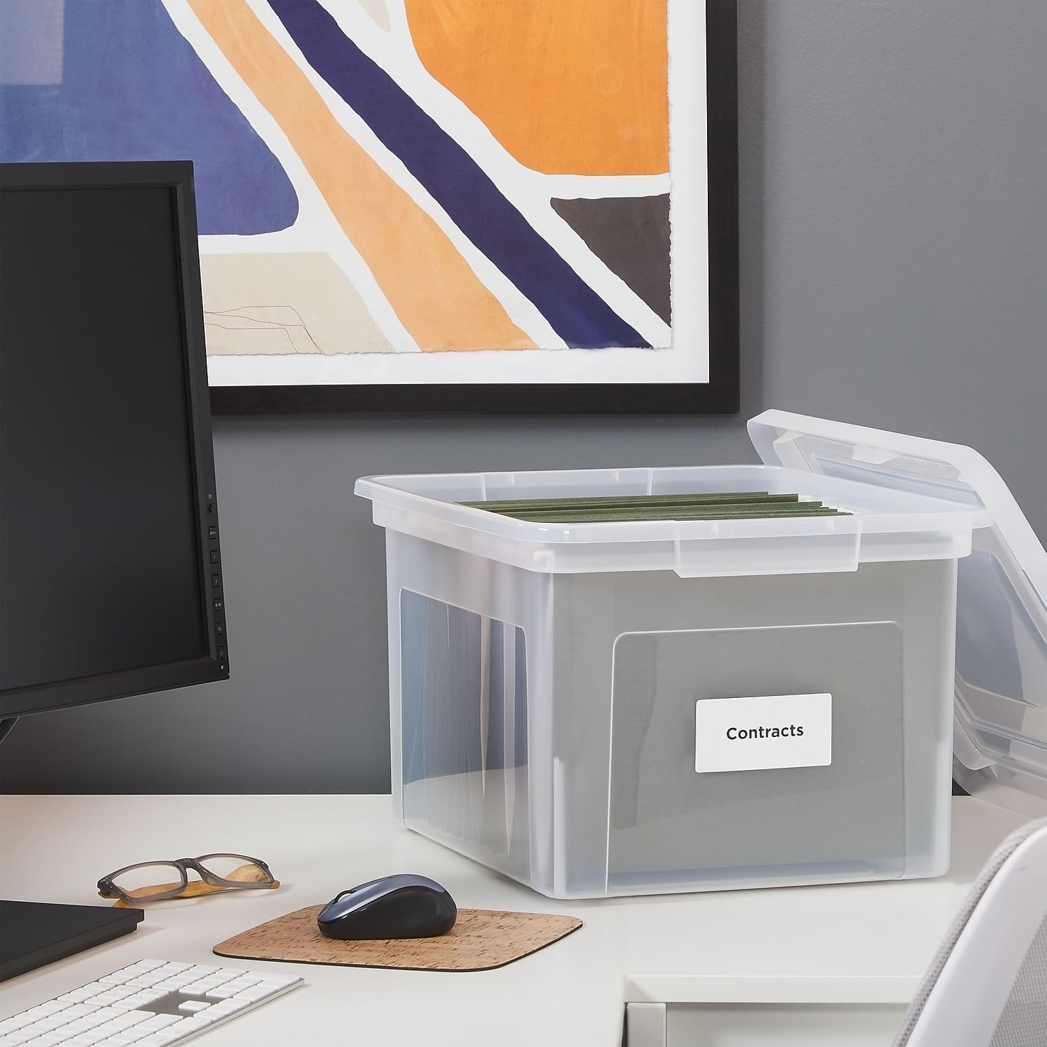 image:imageSTAPLES Hanging File Folder Box Storage Bin Organizer Snap Lid Letter amp Legal Size Documents ClearClear
